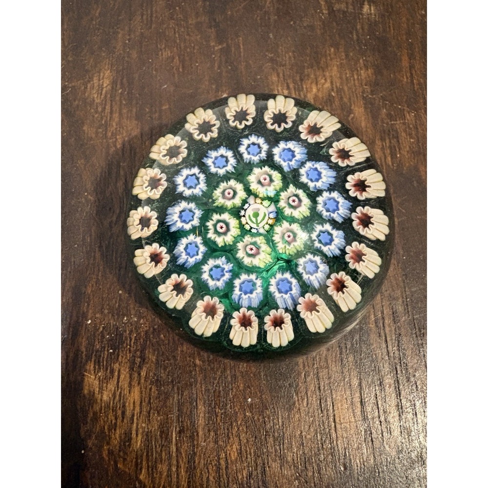 John Deacons Scotland Millefiori Art Glass Paperweight Green flower Center